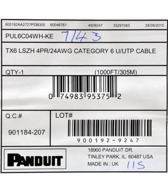 Витая пара кабель Panduit UTP, кат. 6, LSZH, белый, 305 м