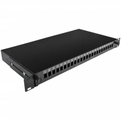 Патч-панель 24 порта SC-Simpl./LC-Dupl./E2000, пустая, кабельные вводы для 6xPG13.5 и 6xPG11, 1U, черная, Украина
